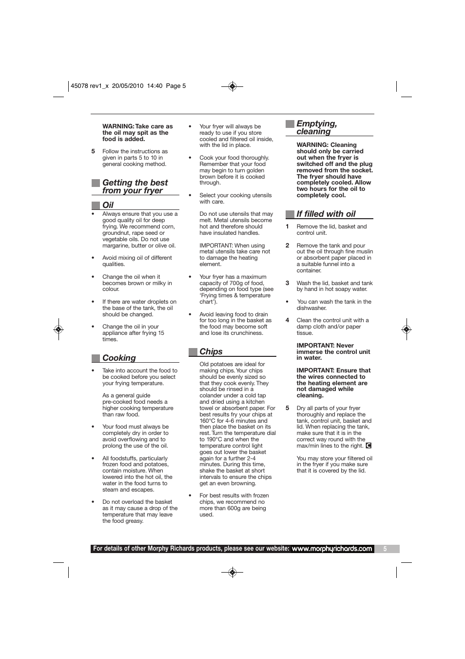 Getting the best from your fryer oil, Cooking, Chips | Emptying, cleaning, If filled with oil | Morphy Richards DF45078 User Manual | Page 5 / 8