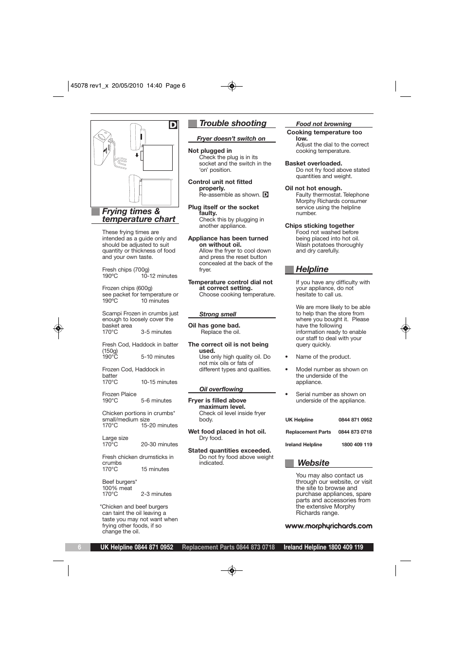 Frying times & temperature chart, Trouble shooting, Helpline | Website | Morphy Richards DF45078 User Manual | Page 6 / 8