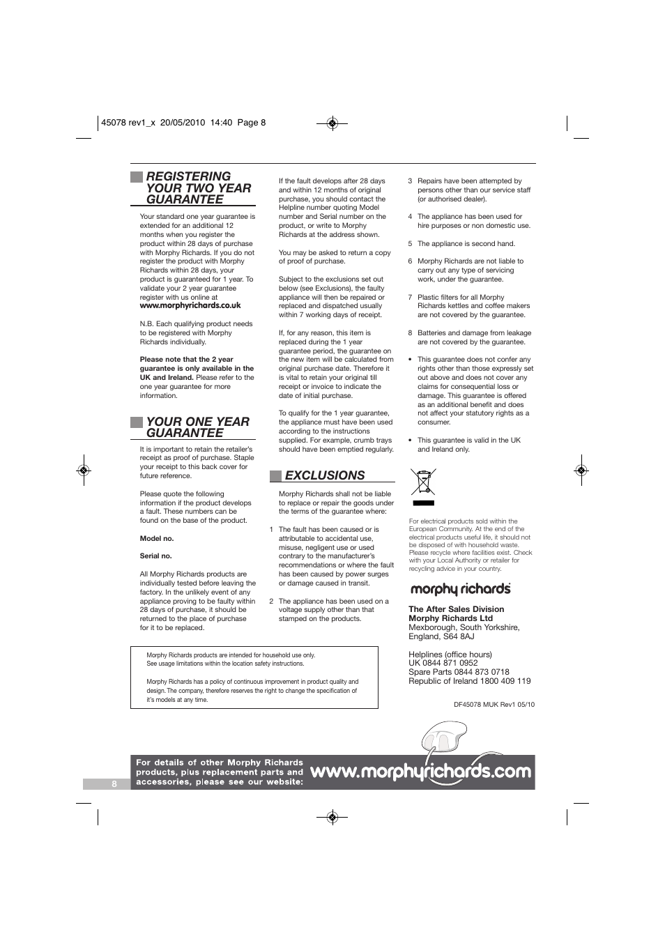 Registering your two year guarantee, Your one year guarantee, Exclusions | Morphy Richards DF45078 User Manual | Page 8 / 8