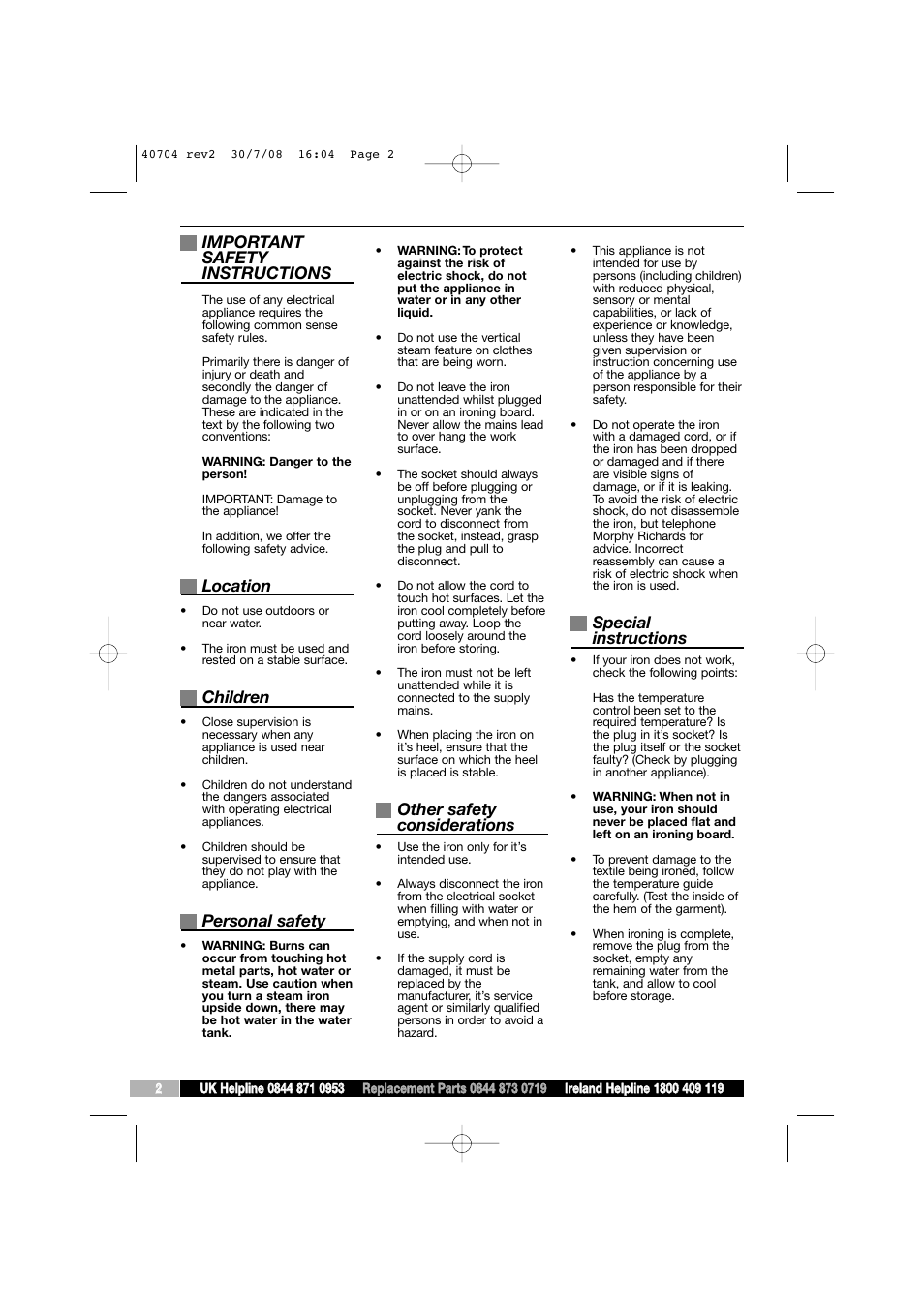 Important safety instructions, Location, Children | Personal safety, Other safety considerations, Special instructions | Morphy Richards Comfigrip 40704 User Manual | Page 2 / 8