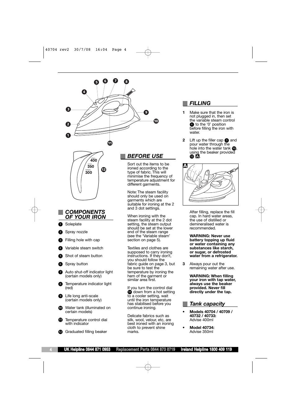 Components of your iron, Before use, Filling | Tank capacity | Morphy Richards Comfigrip 40704 User Manual | Page 4 / 8