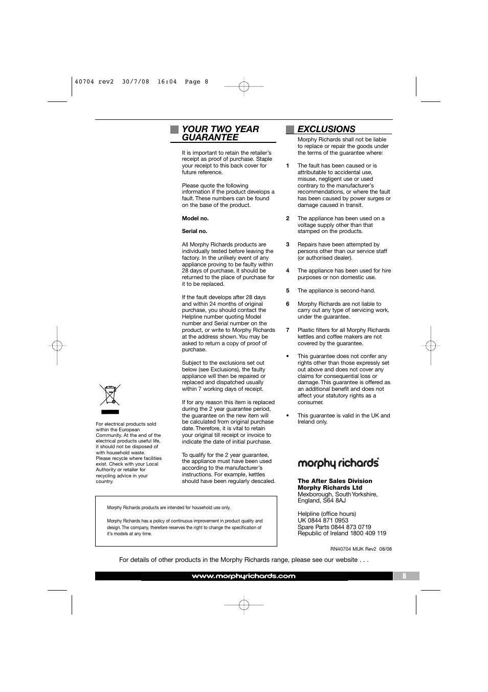 Your two year guarantee, Exclusions | Morphy Richards Comfigrip 40704 User Manual | Page 8 / 8