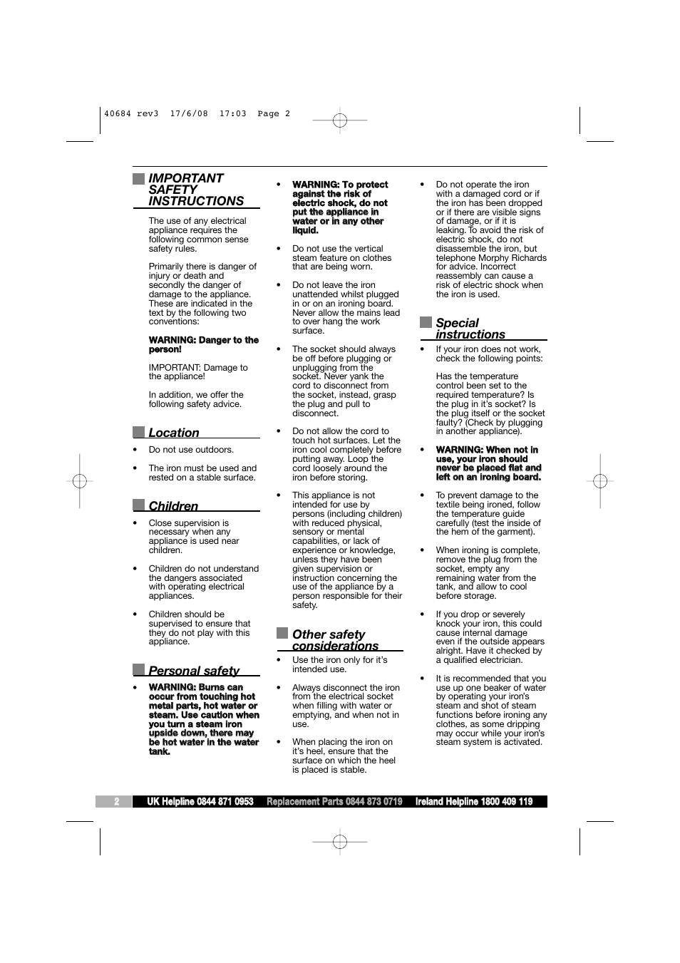 Important safety instructions, Location, Children | Personal safety, Other safety considerations, Special instructions | Morphy Richards 40684 User Manual | Page 2 / 8