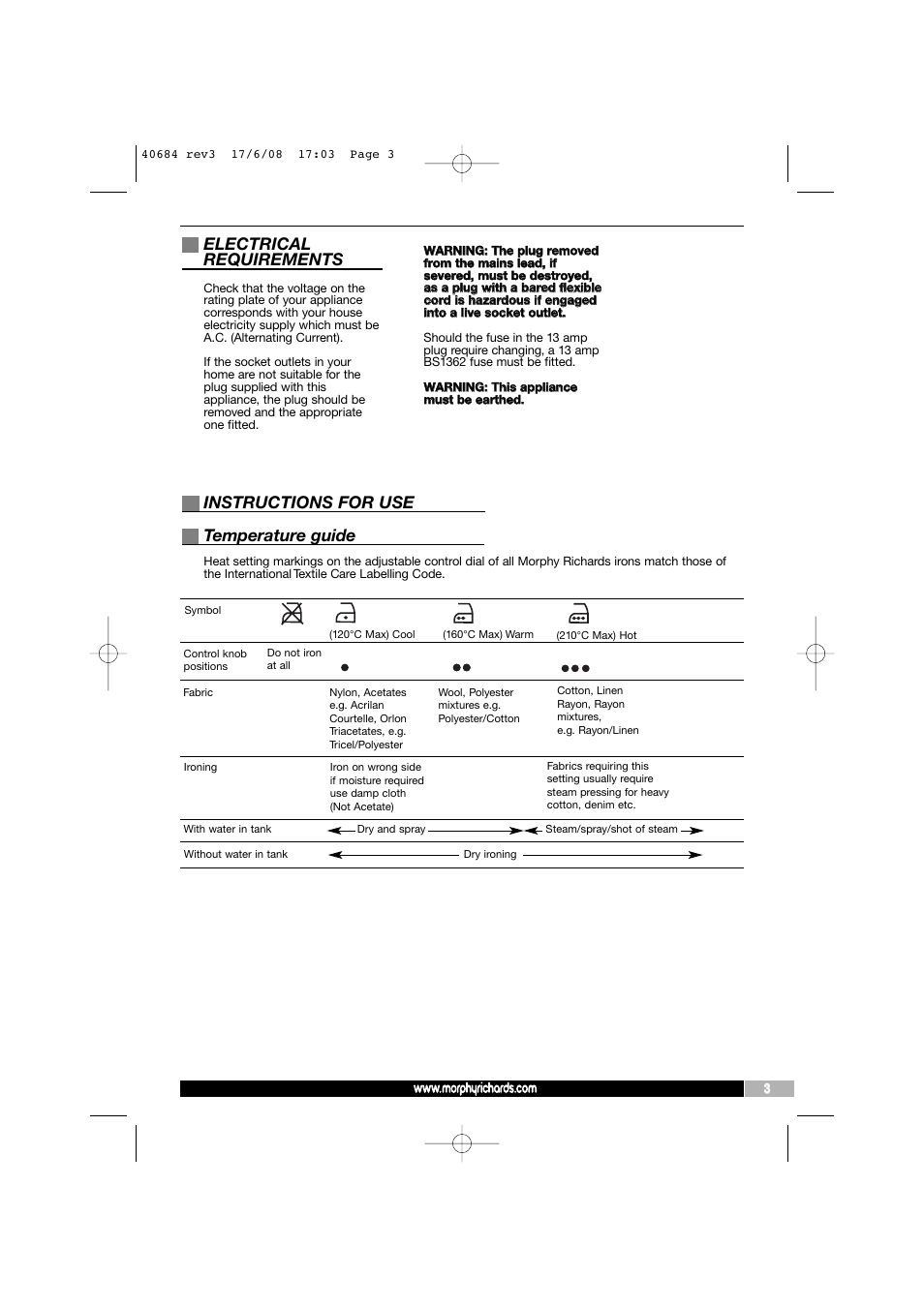 Electrical requirements, Instructions for use, Temperature guide | Morphy Richards 40684 User Manual | Page 3 / 8