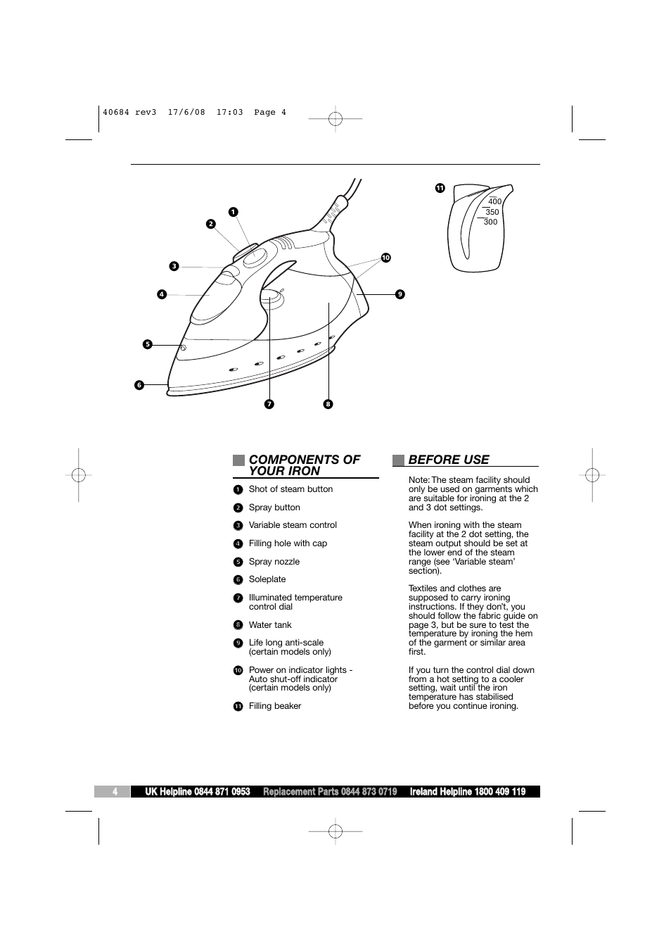 Components of your iron, Before use | Morphy Richards 40684 User Manual | Page 4 / 8