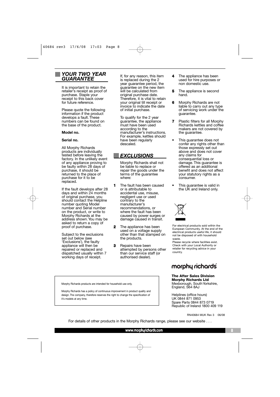 Your two year guarantee, Exclusions | Morphy Richards 40684 User Manual | Page 8 / 8