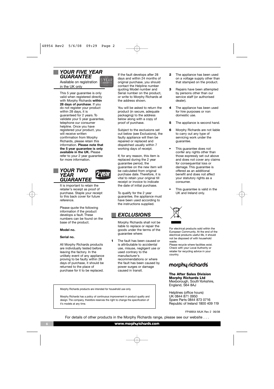 Your five year guarantee, Your two year guarantee, Exclusions | Morphy Richards 48954 User Manual | Page 2 / 6