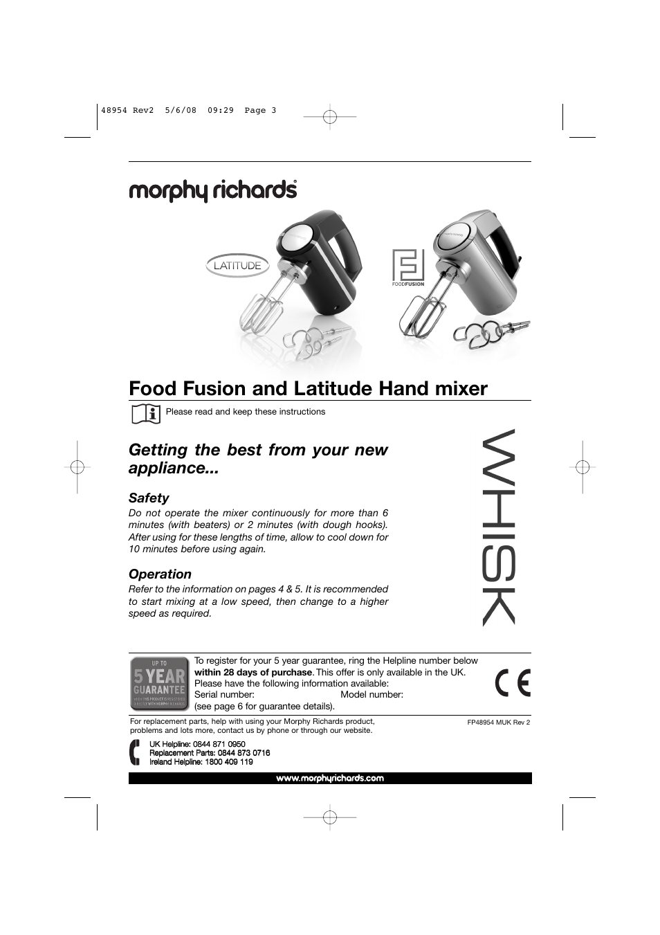 Food fusion and latitude hand mixer, Getting the best from your new appliance, Safety | Operation | Morphy Richards 48954 User Manual | Page 3 / 6