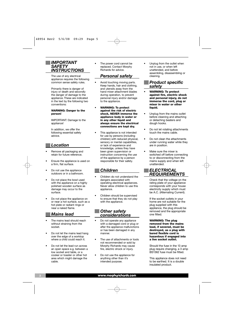 Important safety instructions, Location, Mains lead | Personal safety, Children, Other safety considerations, Product specific safety, Electrical requirements | Morphy Richards 48954 User Manual | Page 5 / 6