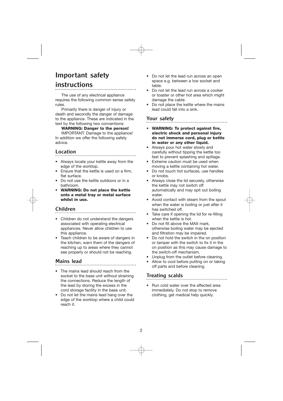 Important safety instructions, Location, Children | Mains lead, Your safety, Treating scalds | Morphy Richards Filter rapide kettle User Manual | Page 2 / 8