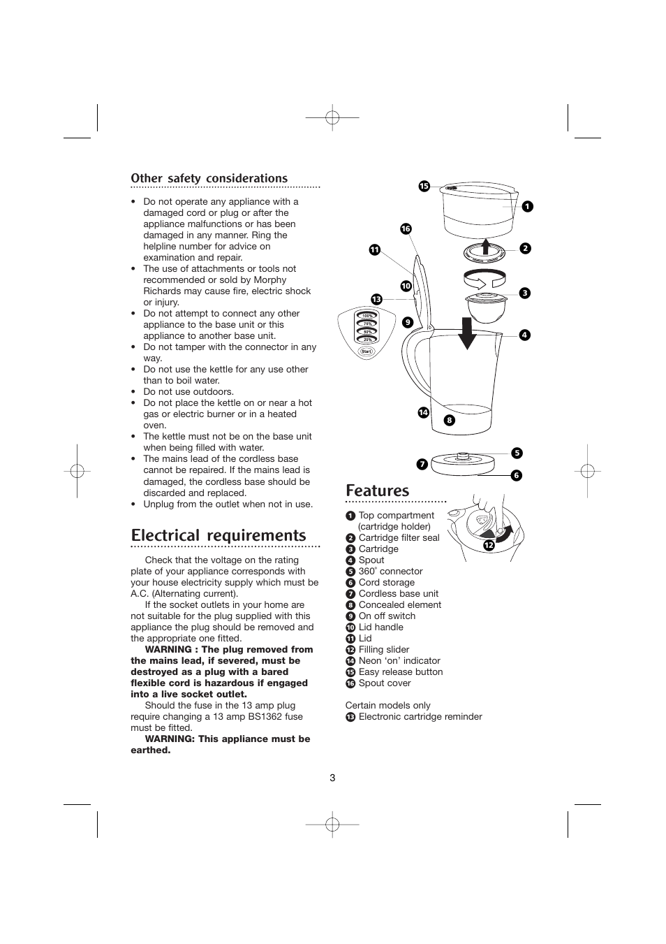 Electrical requirements, Features, Other safety considerations | Morphy Richards Filter rapide kettle User Manual | Page 3 / 8