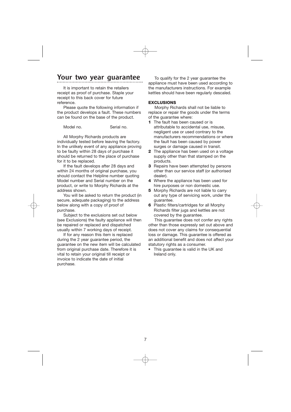 Your two year guarantee | Morphy Richards Filter rapide kettle User Manual | Page 7 / 8