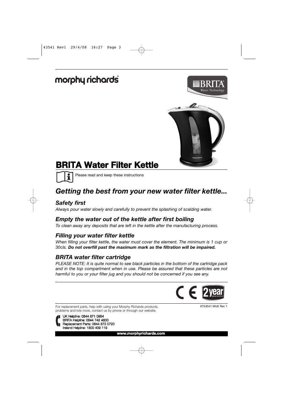 Getting the best from your new water filter kettle, Safety first, Filling your water filter kettle | Brita water filter cartridge | Morphy Richards 43541 User Manual | Page 3 / 6