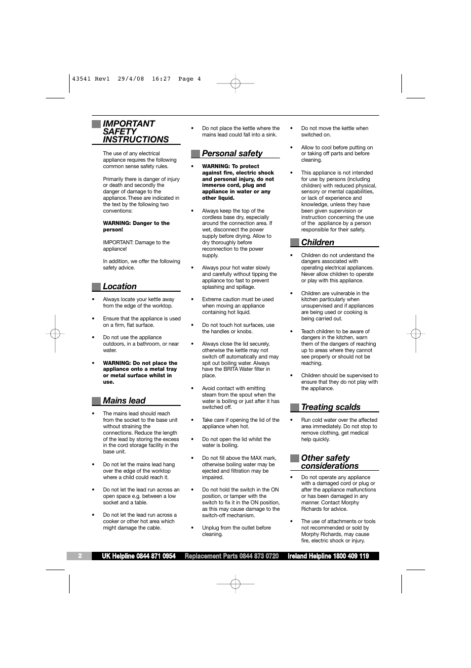 Important safety instructions, Location, Mains lead | Personal safety, Children, Treating scalds, Other safety considerations | Morphy Richards 43541 User Manual | Page 4 / 6