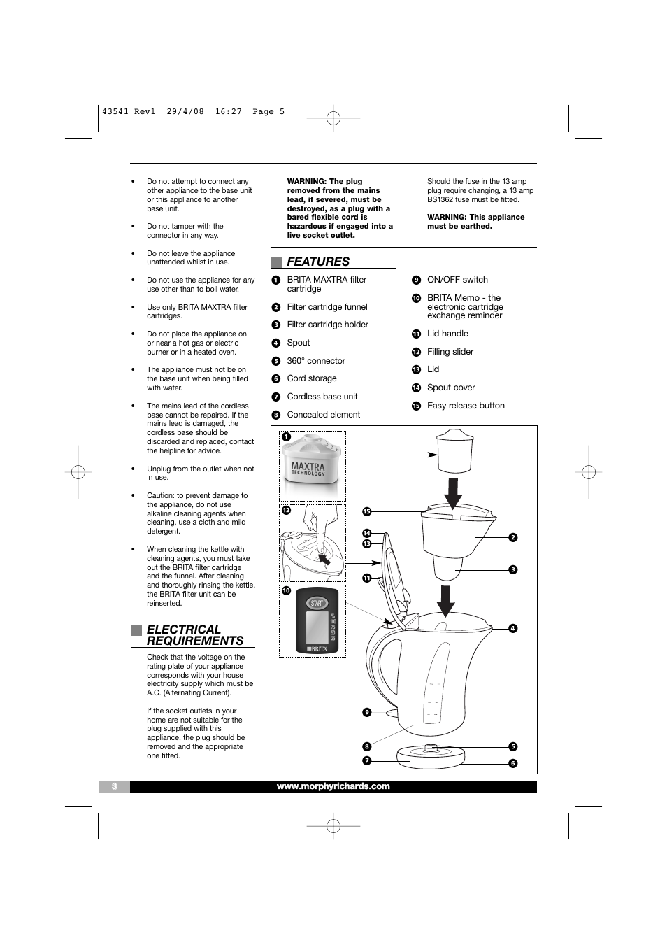 Electrical requirements, Features | Morphy Richards 43541 User Manual | Page 5 / 6