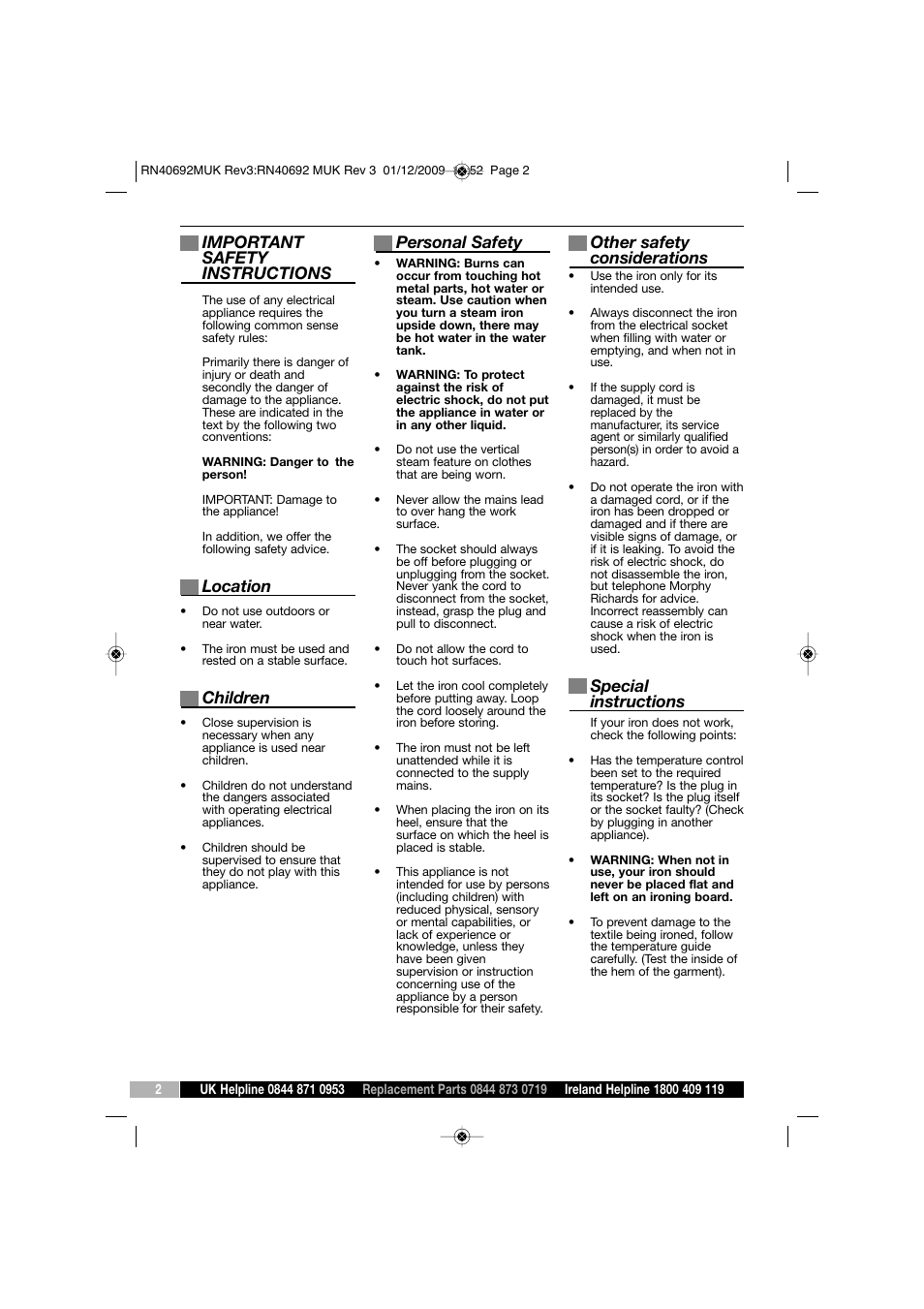 Important safety instructions, Location, Children | Personal safety, Other safety considerations, Special instructions | Morphy Richards SEMI-ELECTRONIC IRON RN40692 User Manual | Page 2 / 8