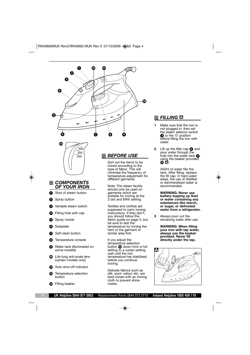 Components of your iron, Before use, Filling | Morphy Richards SEMI-ELECTRONIC IRON RN40692 User Manual | Page 4 / 8