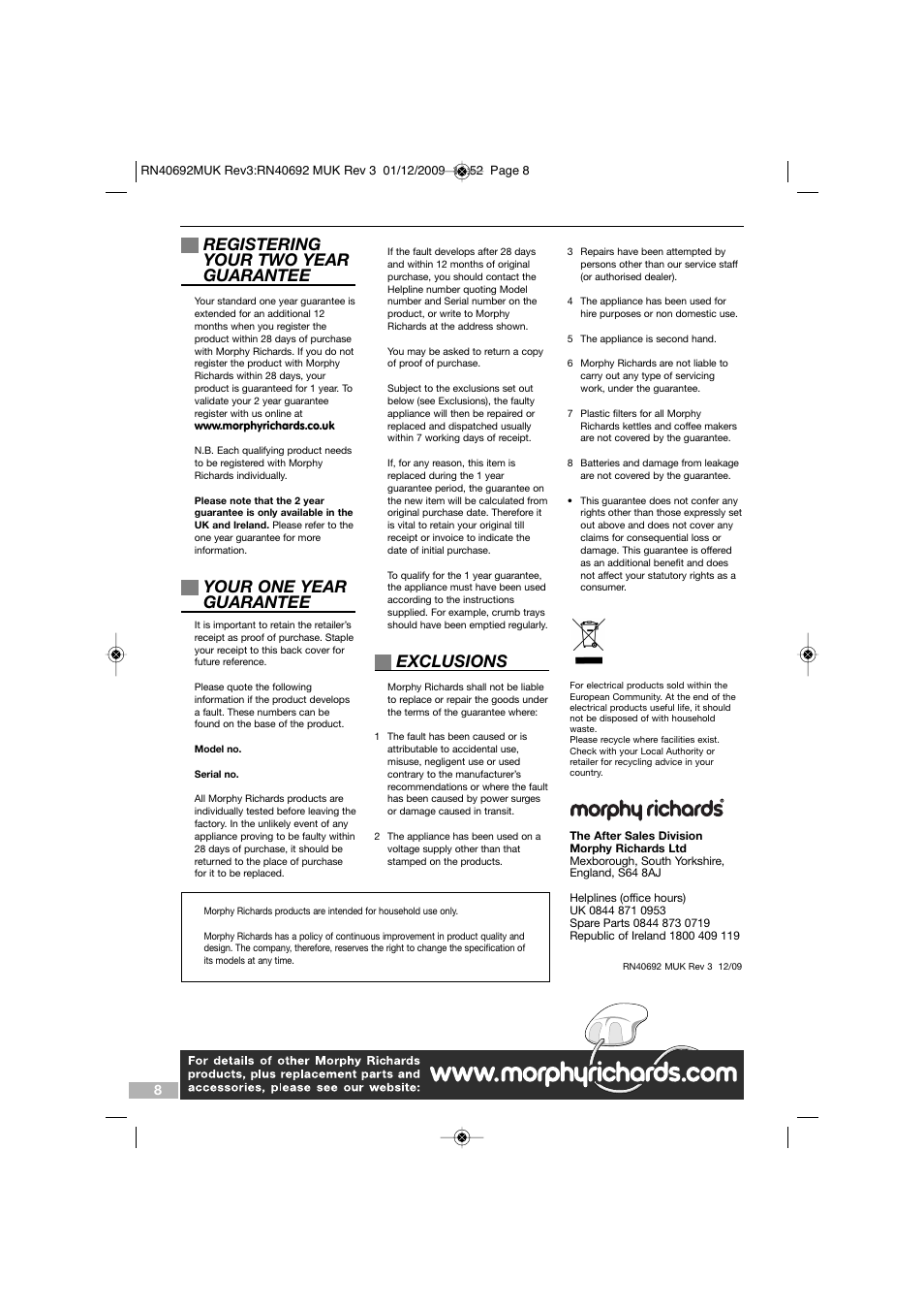 Registering your two year guarantee, Your one year guarantee, Exclusions | Morphy Richards SEMI-ELECTRONIC IRON RN40692 User Manual | Page 8 / 8