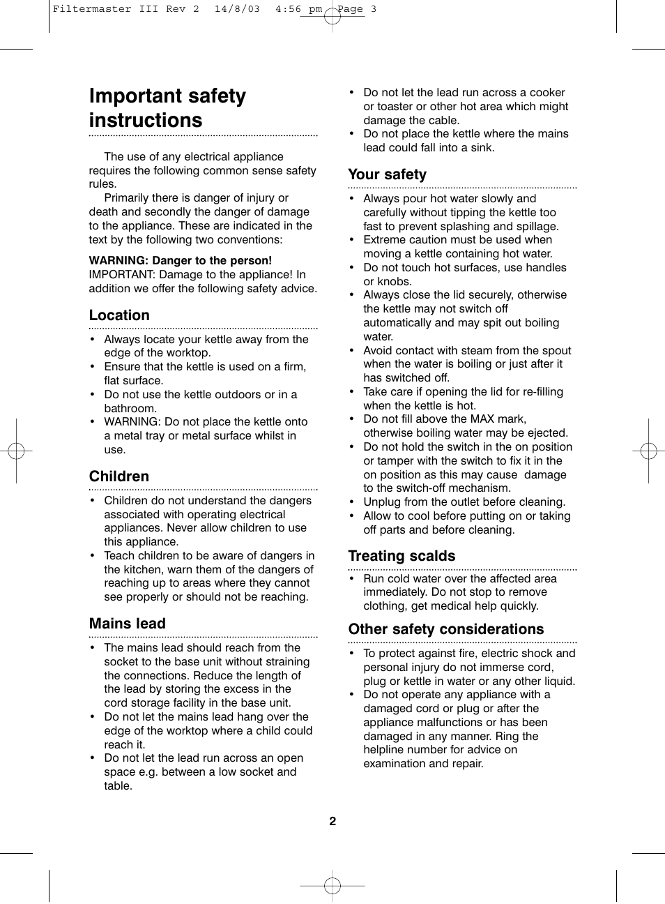 Important safety instructions, Location, Children | Mains lead, Your safety, Treating scalds, Other safety considerations | Morphy Richards Filtermaster III User Manual | Page 2 / 6