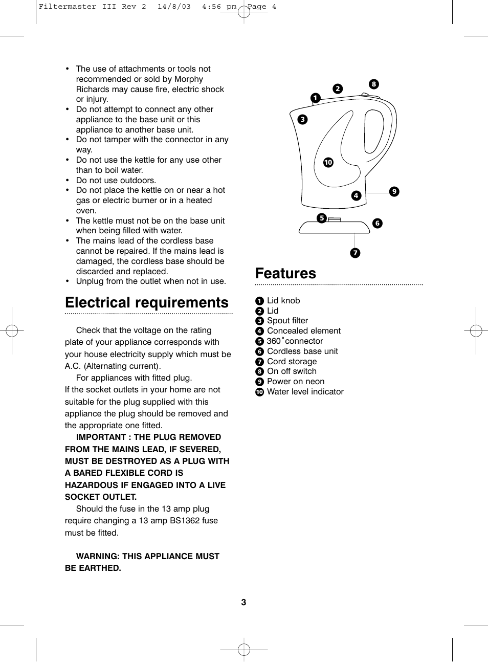 Electrical requirements, Features | Morphy Richards Filtermaster III User Manual | Page 3 / 6