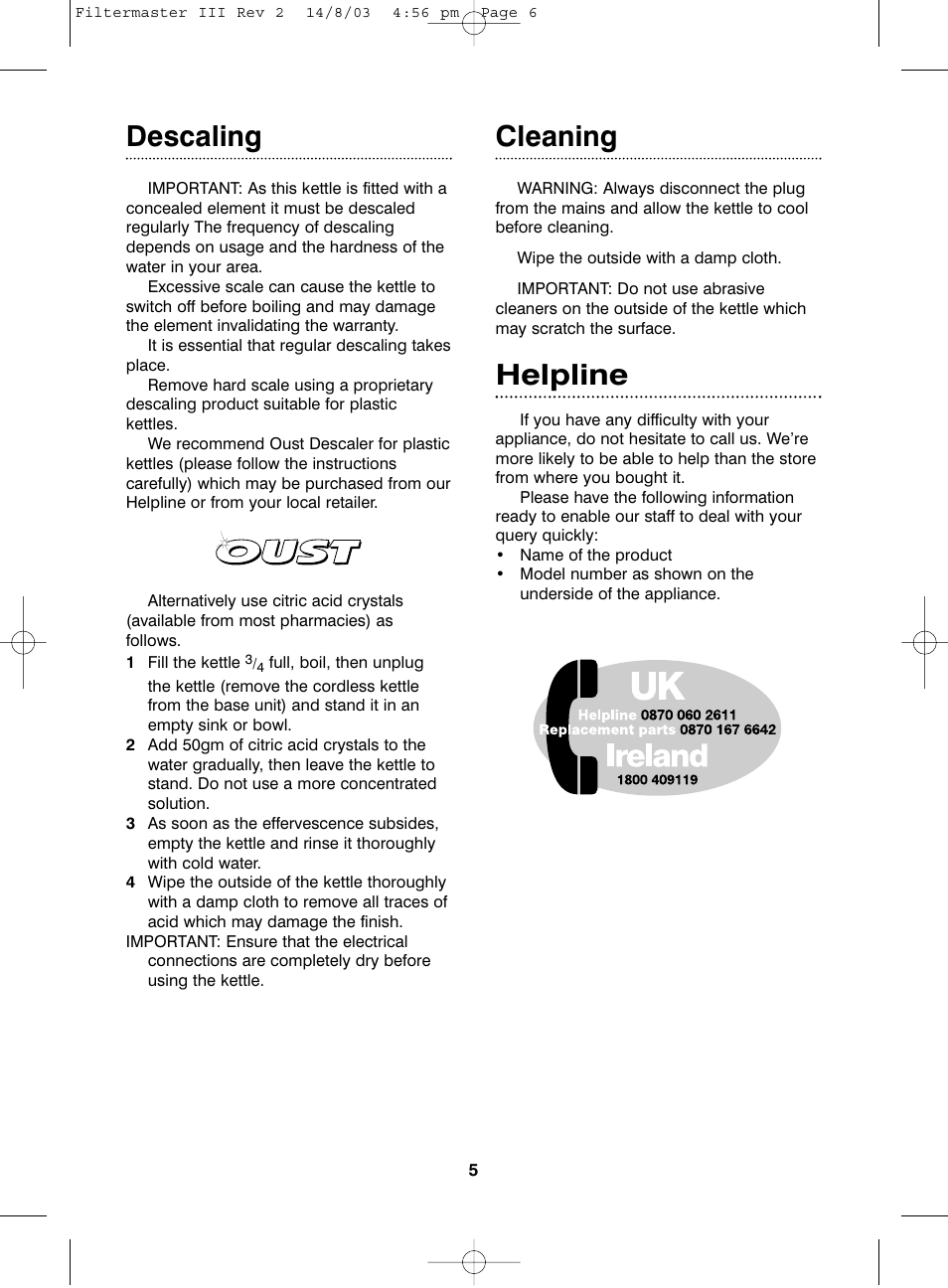 Descaling, Cleaning, Helpline | Morphy Richards Filtermaster III User Manual | Page 5 / 6