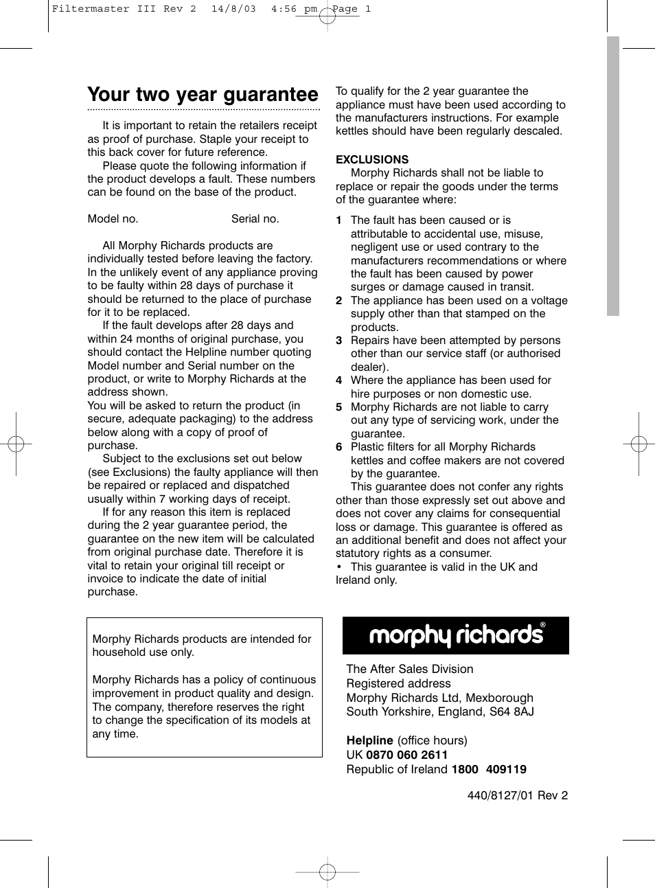 Your two year guarantee | Morphy Richards Filtermaster III User Manual | Page 6 / 6
