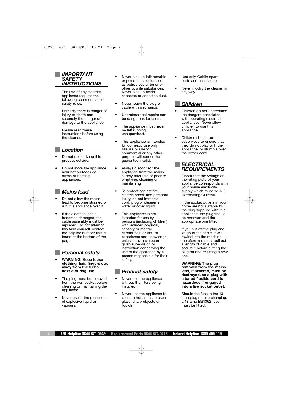 Important safety instructions, Location, Mains lead | Personal safety, Product safety, Children, Electrical requirements | Morphy Richards Goblin 73276 User Manual | Page 2 / 8