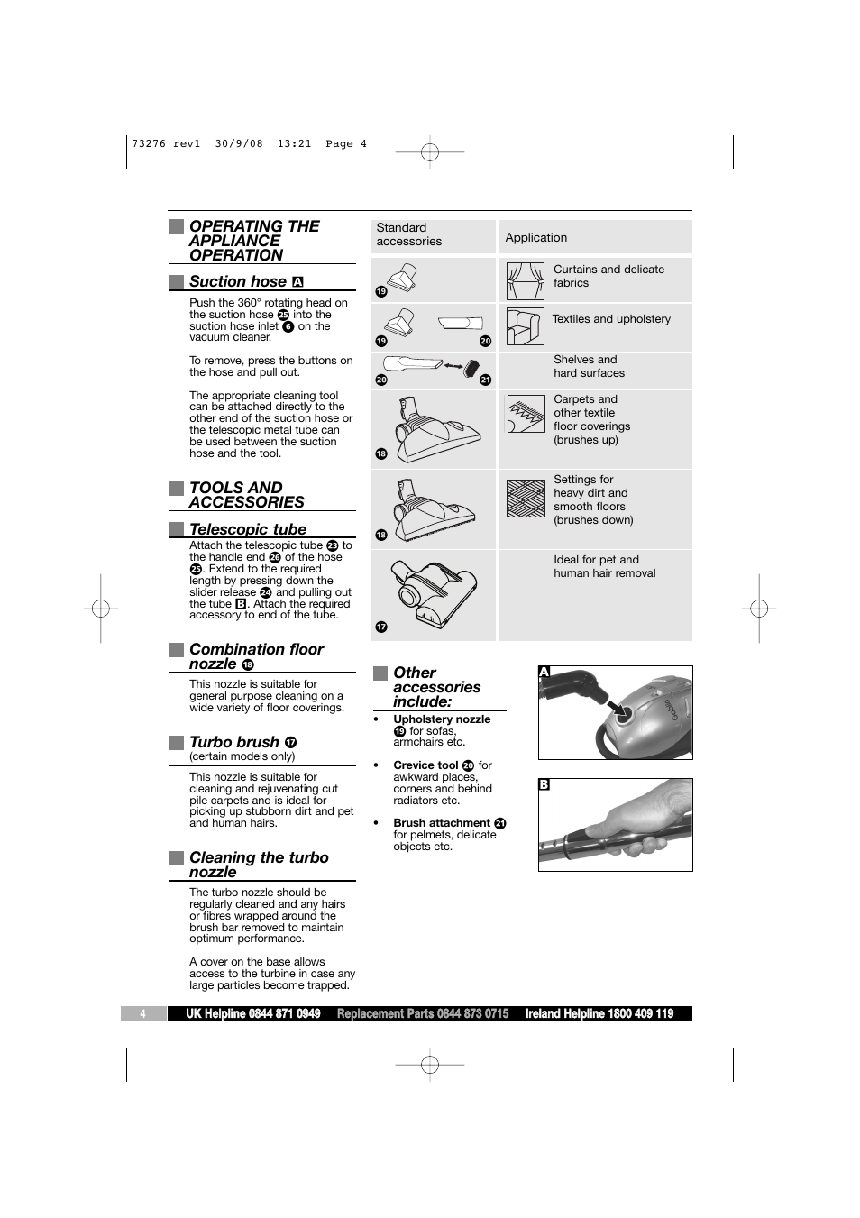 Operating the appliance operation suction hose, Tools and accessories telescopic tube, Combination floor nozzle | Turbo brush, Cleaning the turbo nozzle, Other accessories include | Morphy Richards Goblin 73276 User Manual | Page 4 / 8