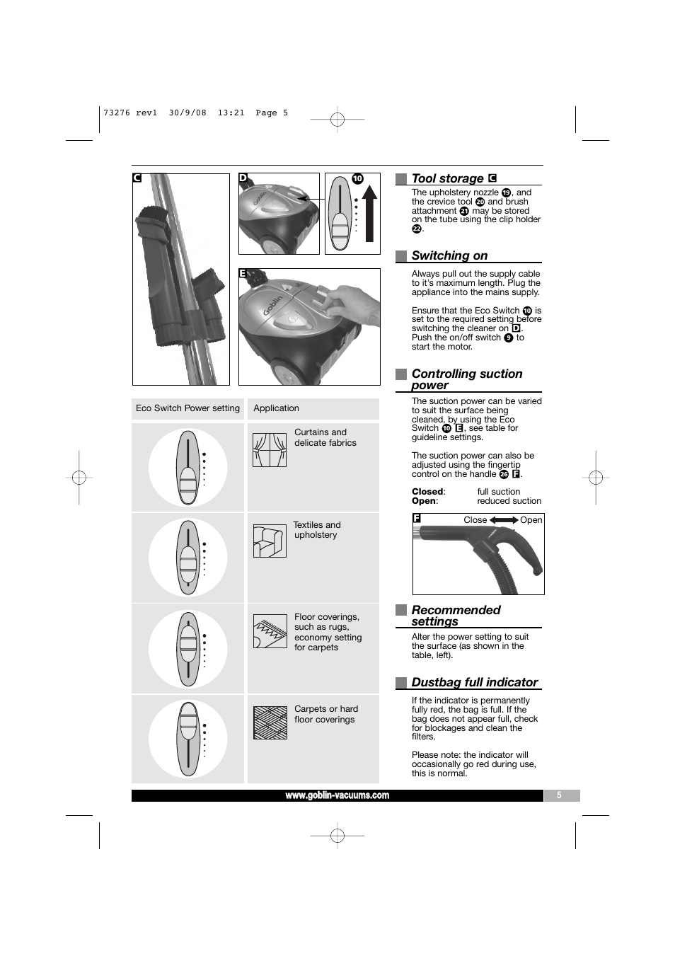Tool storage, Switching on, Controlling suction power | Recommended settings, Dustbag full indicator | Morphy Richards Goblin 73276 User Manual | Page 5 / 8