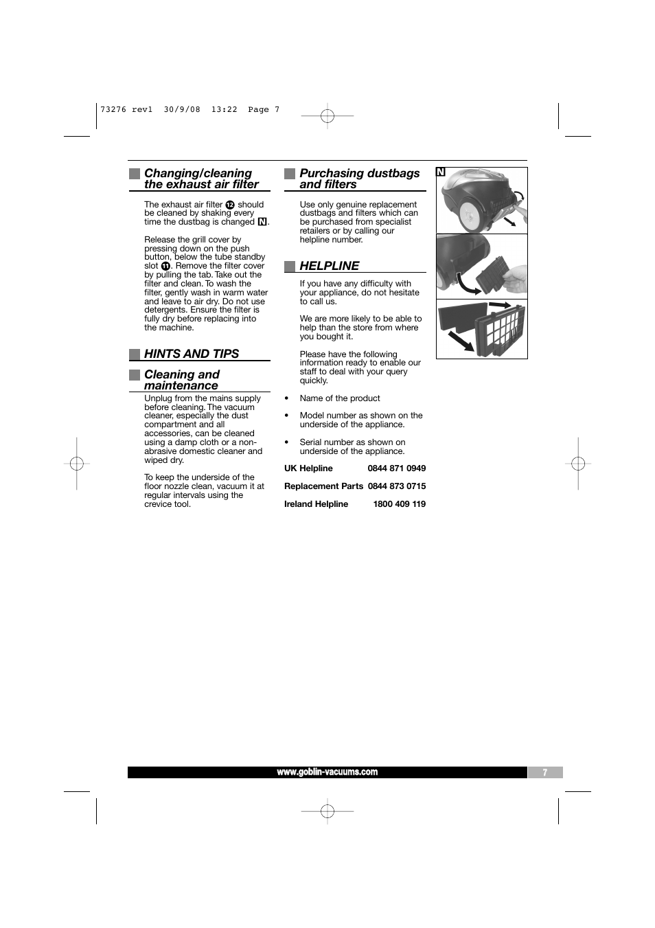 Changing/cleaning the exhaust air filter, Hints and tips cleaning and maintenance, Purchasing dustbags and filters | Helpline | Morphy Richards Goblin 73276 User Manual | Page 7 / 8