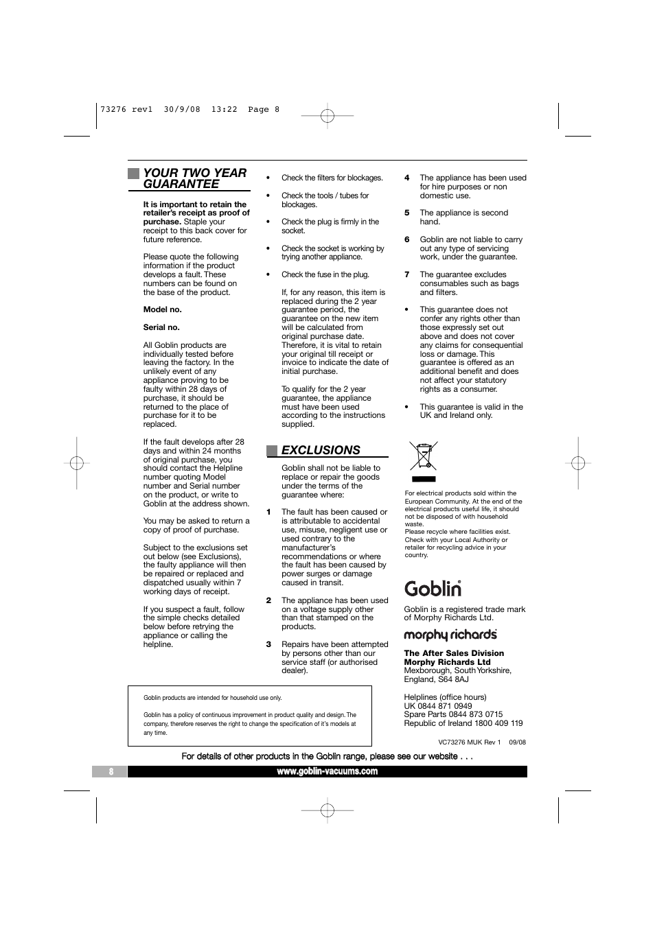 Your two year guarantee, Exclusions | Morphy Richards Goblin 73276 User Manual | Page 8 / 8