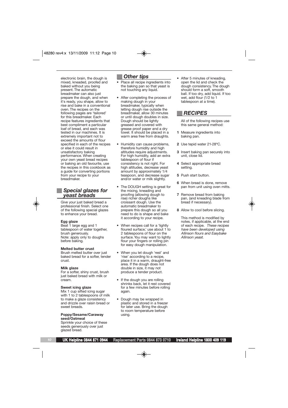 Special glazes for yeast breads, Other tips, Recipes | Morphy Richards BM48280 User Manual | Page 10 / 20
