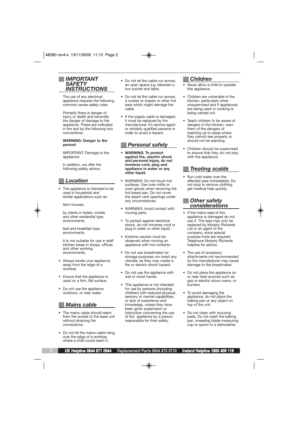 Important safety instructions, Location, Mains cable | Personal safety, Children, Treating scalds, Other safety considerations | Morphy Richards BM48280 User Manual | Page 2 / 20