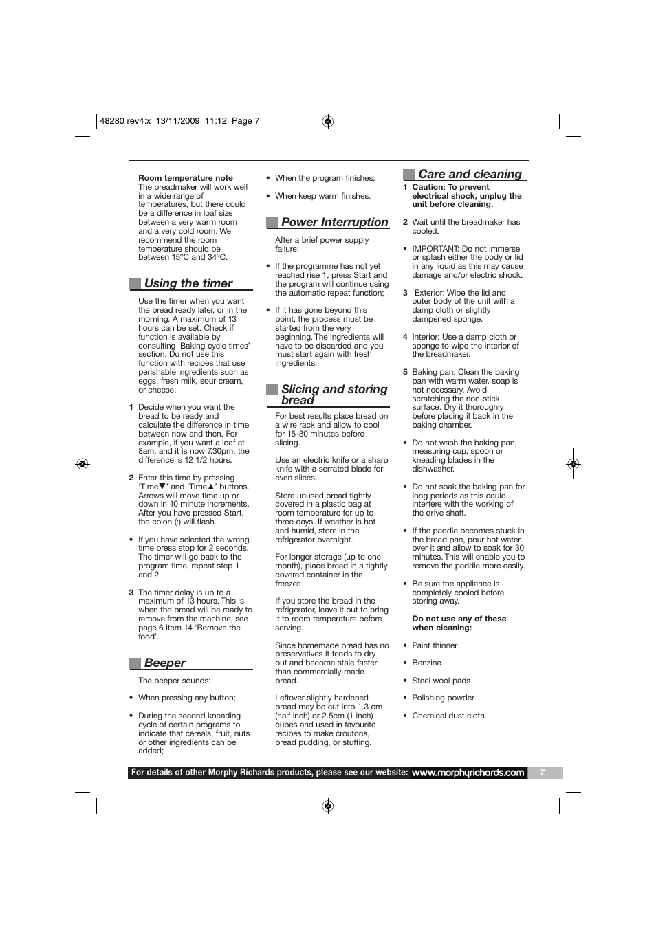 Using the timer, Beeper, Power interruption | Slicing and storing bread, Care and cleaning | Morphy Richards BM48280 User Manual | Page 7 / 20