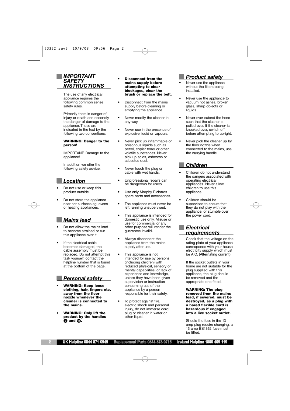 Important safety instructions, Location, Mains lead | Personal safety, Product safety, Children, Electrical requirements | Morphy Richards 73332 User Manual | Page 2 / 8