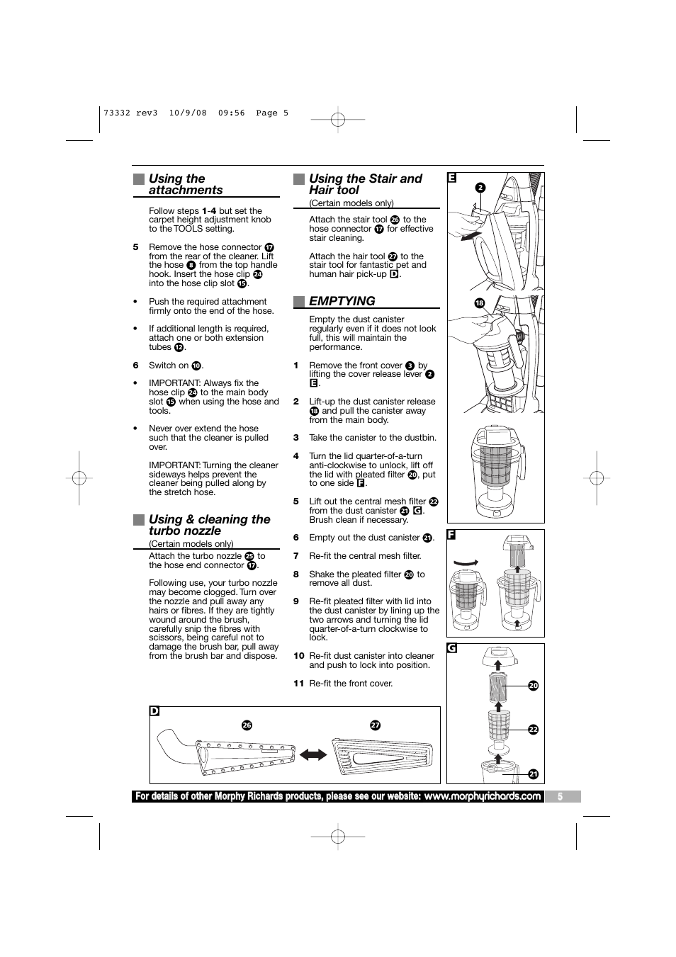 Using the attachments, Using & cleaning the turbo nozzle, Using the stair and hair tool | Emptying | Morphy Richards 73332 User Manual | Page 5 / 8