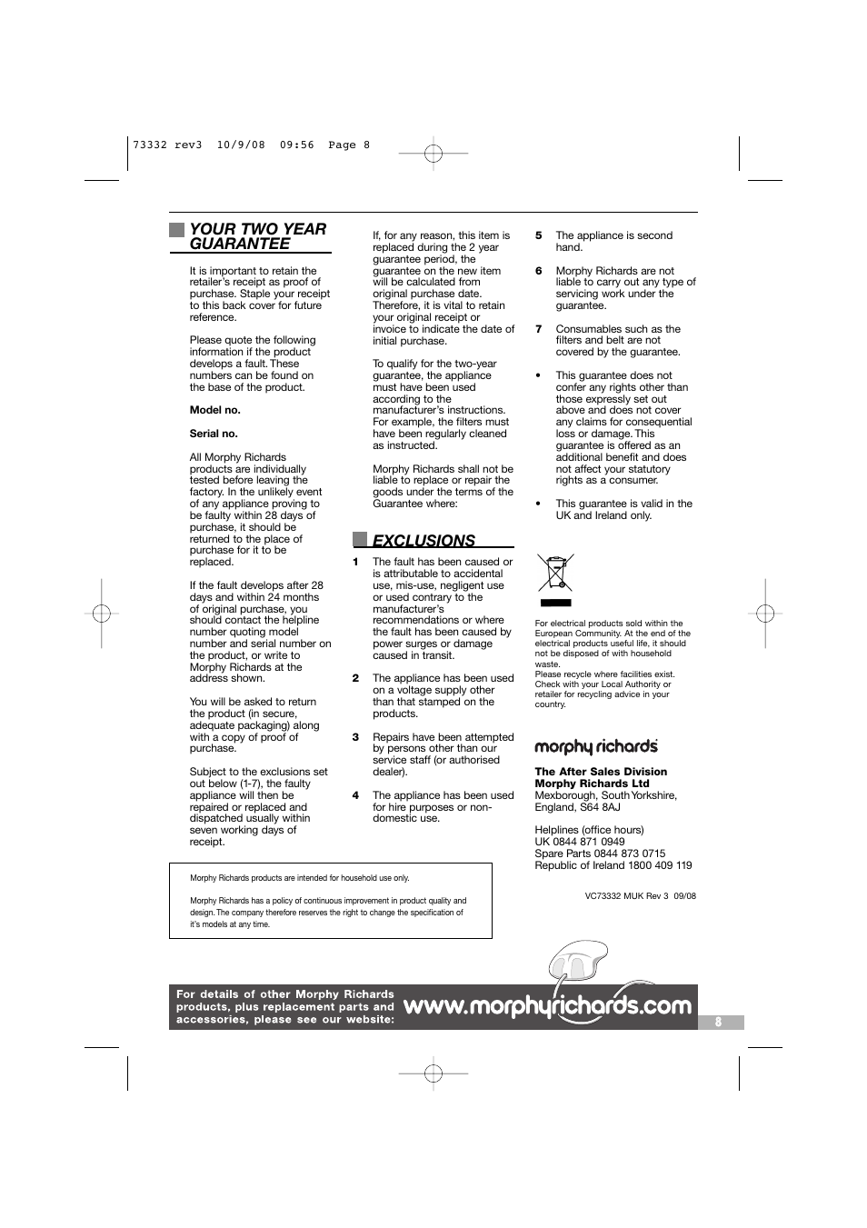 Your two year guarantee, Exclusions | Morphy Richards 73332 User Manual | Page 8 / 8
