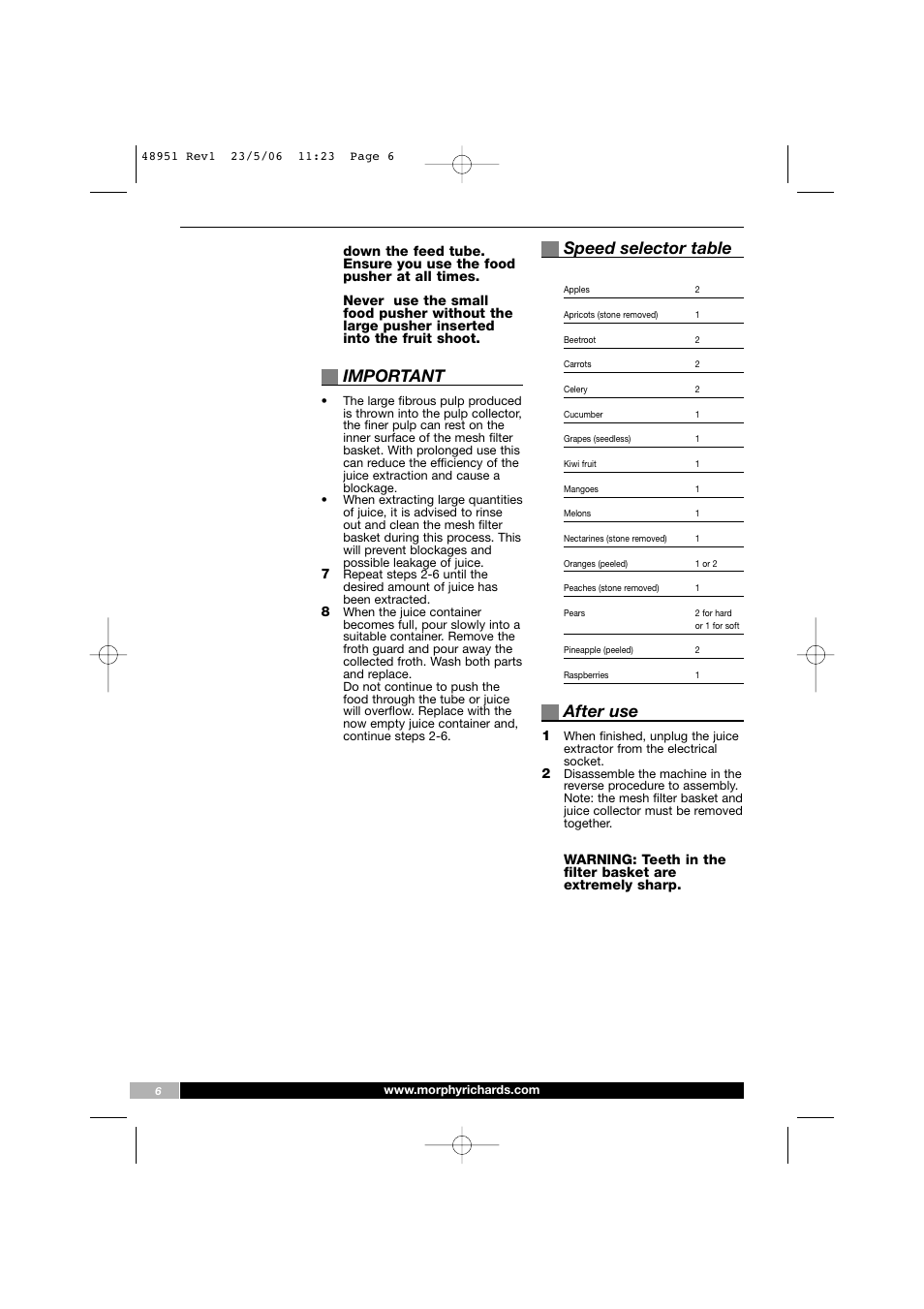 Important, Speed selector table, After use | Morphy Richards 48951 User Manual | Page 6 / 8