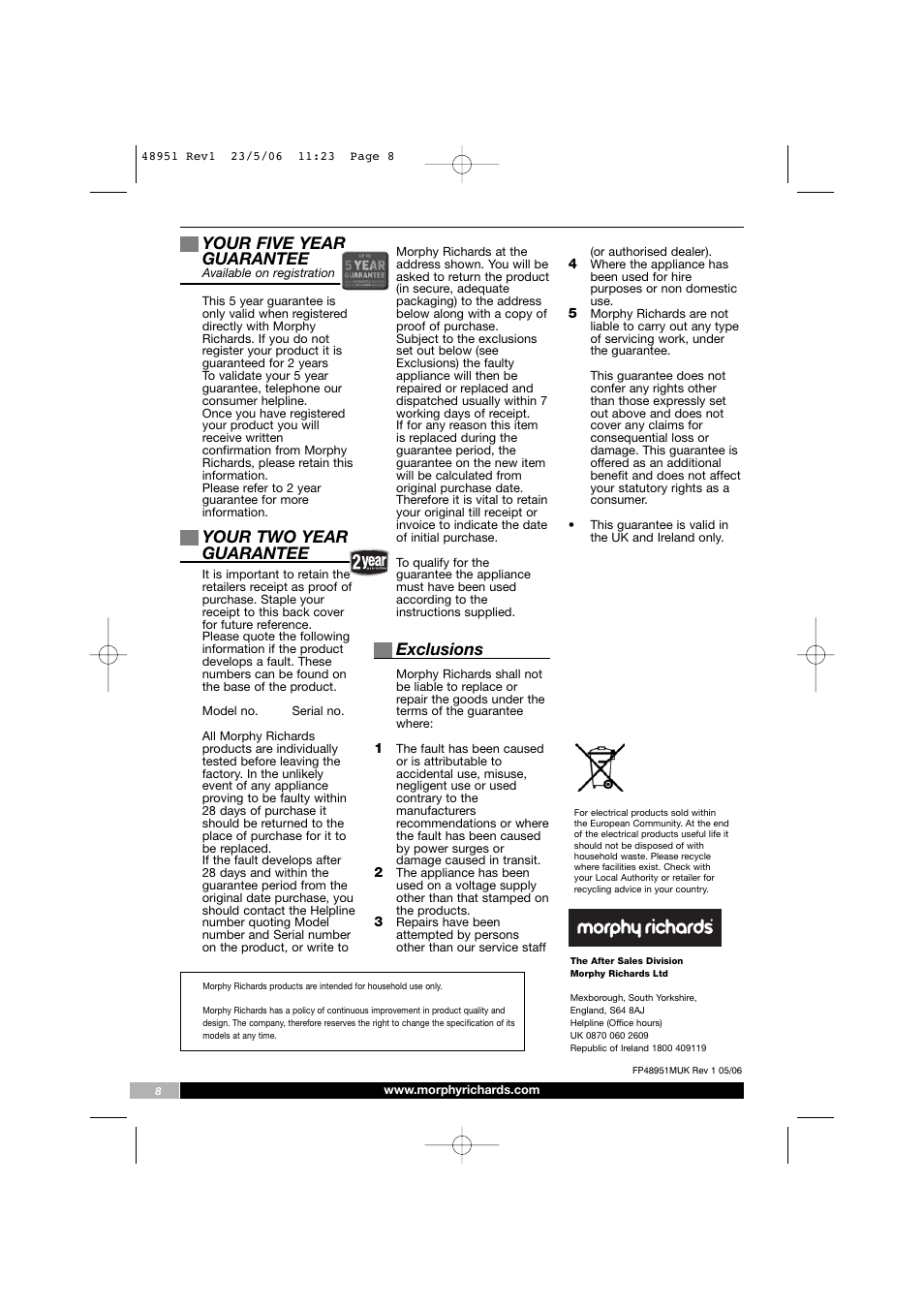 Your five year guarantee, Your two year guarantee, Exclusions | Morphy Richards 48951 User Manual | Page 8 / 8