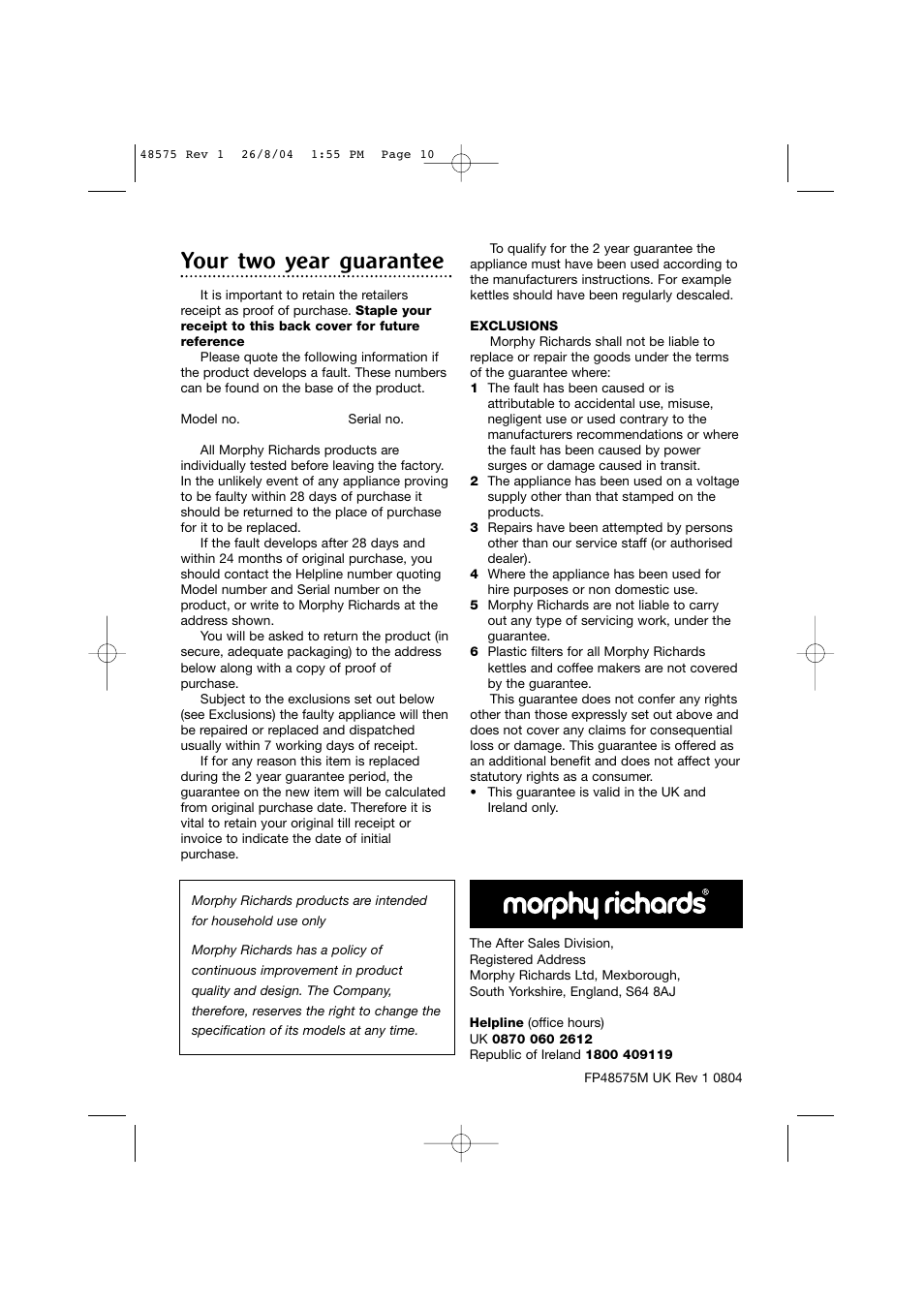Your two year guarantee | Morphy Richards Cocktail blender User Manual | Page 10 / 10