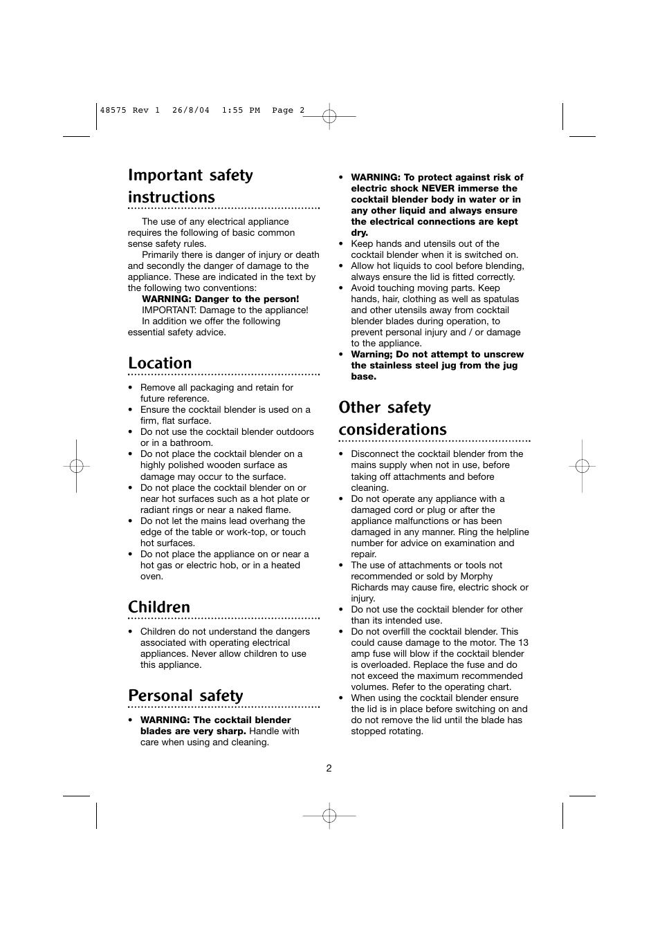 Important safety instructions, Location, Children | Personal safety, Other safety considerations | Morphy Richards Cocktail blender User Manual | Page 2 / 10