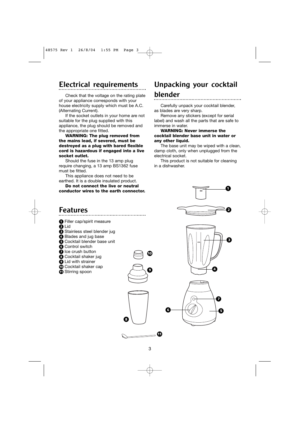 Electrical requirements, Unpacking your cocktail blender, Features | Morphy Richards Cocktail blender User Manual | Page 3 / 10