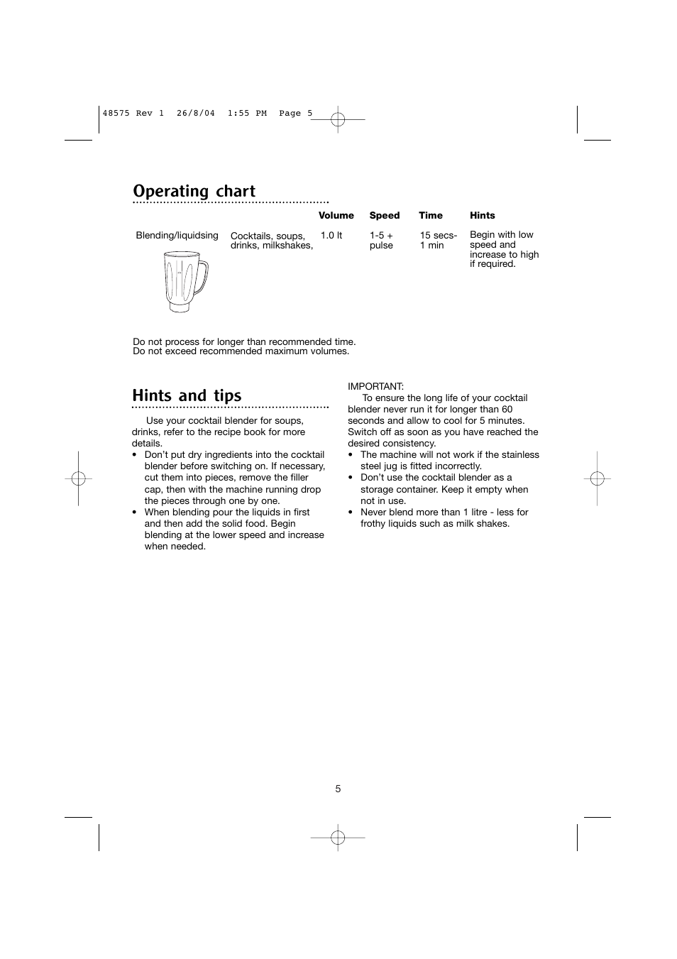 Hints and tips, Operating chart | Morphy Richards Cocktail blender User Manual | Page 5 / 10