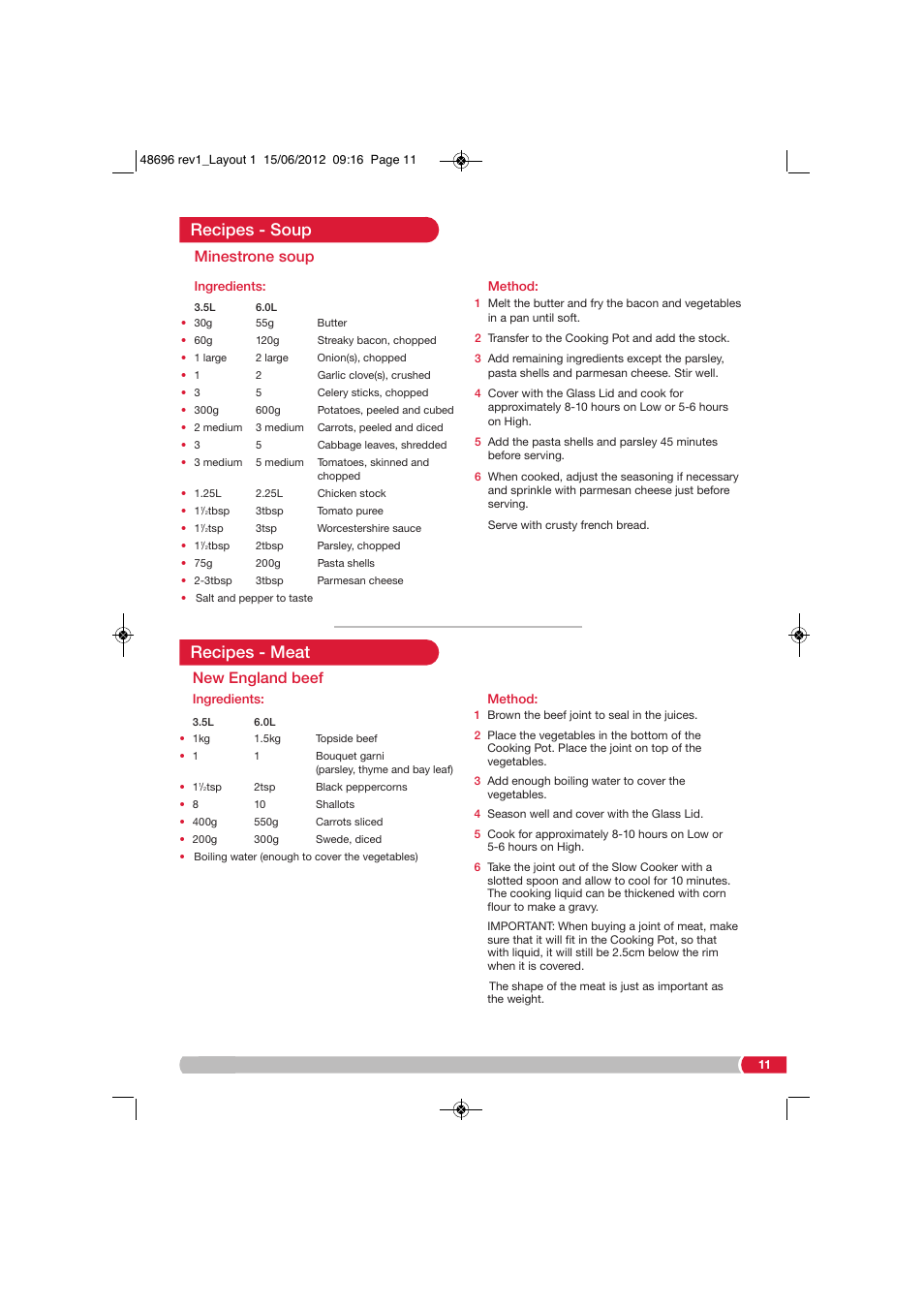 Recipes - soup recipes - meat, Minestrone soup, New england beef | Morphy Richards SC48696 User Manual | Page 11 / 16