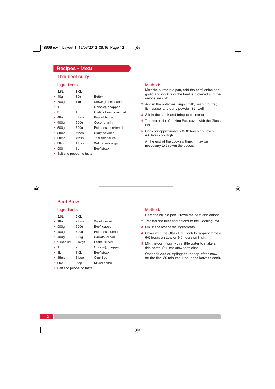 Recipes - meat, Thai beef curry, Beef stew | Morphy Richards SC48696 User Manual | Page 12 / 16