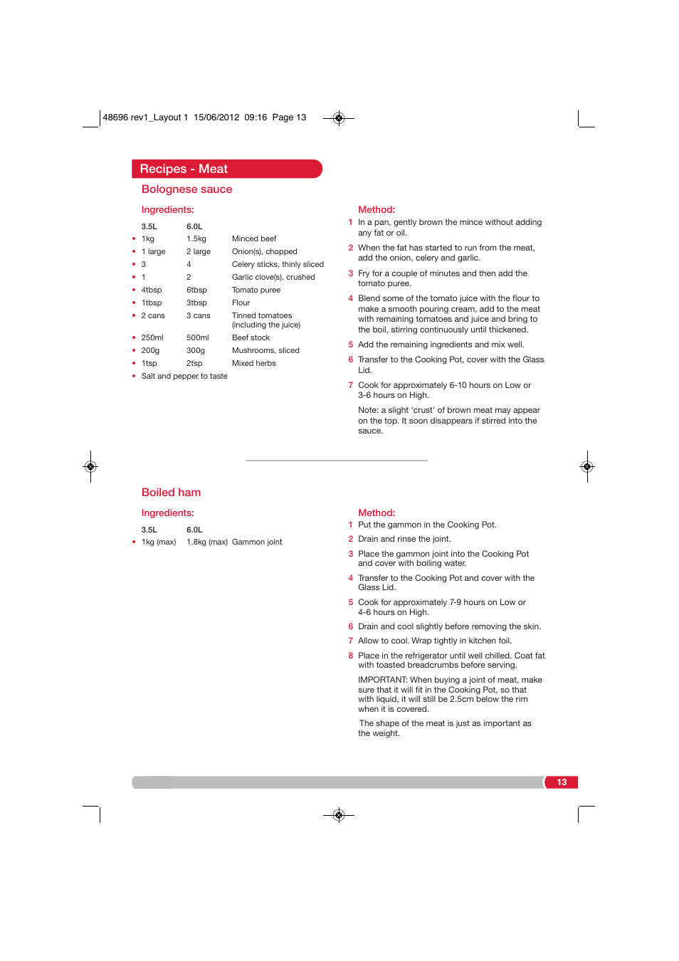 Recipes - meat, Bolognese sauce, Boiled ham | Morphy Richards SC48696 User Manual | Page 13 / 16