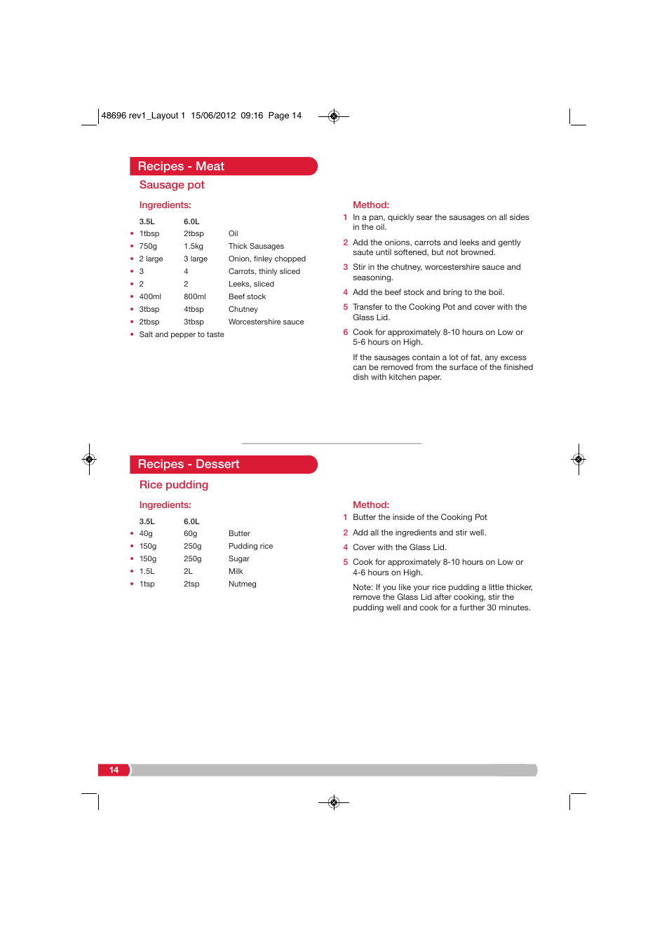 Recipes - meat, Recipes - dessert, Sausage pot | Rice pudding | Morphy Richards SC48696 User Manual | Page 14 / 16