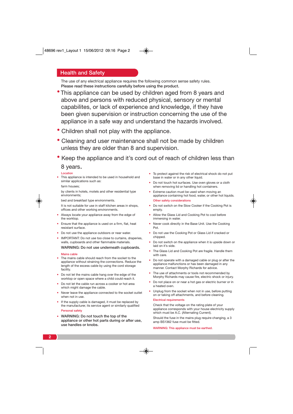 Health and safety | Morphy Richards SC48696 User Manual | Page 2 / 16