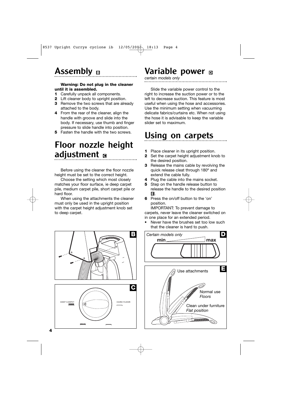 Assembly, Floor nozzle height adjustment, Variable power | Using on carpets | Morphy Richards 73313 User Manual | Page 4 / 8