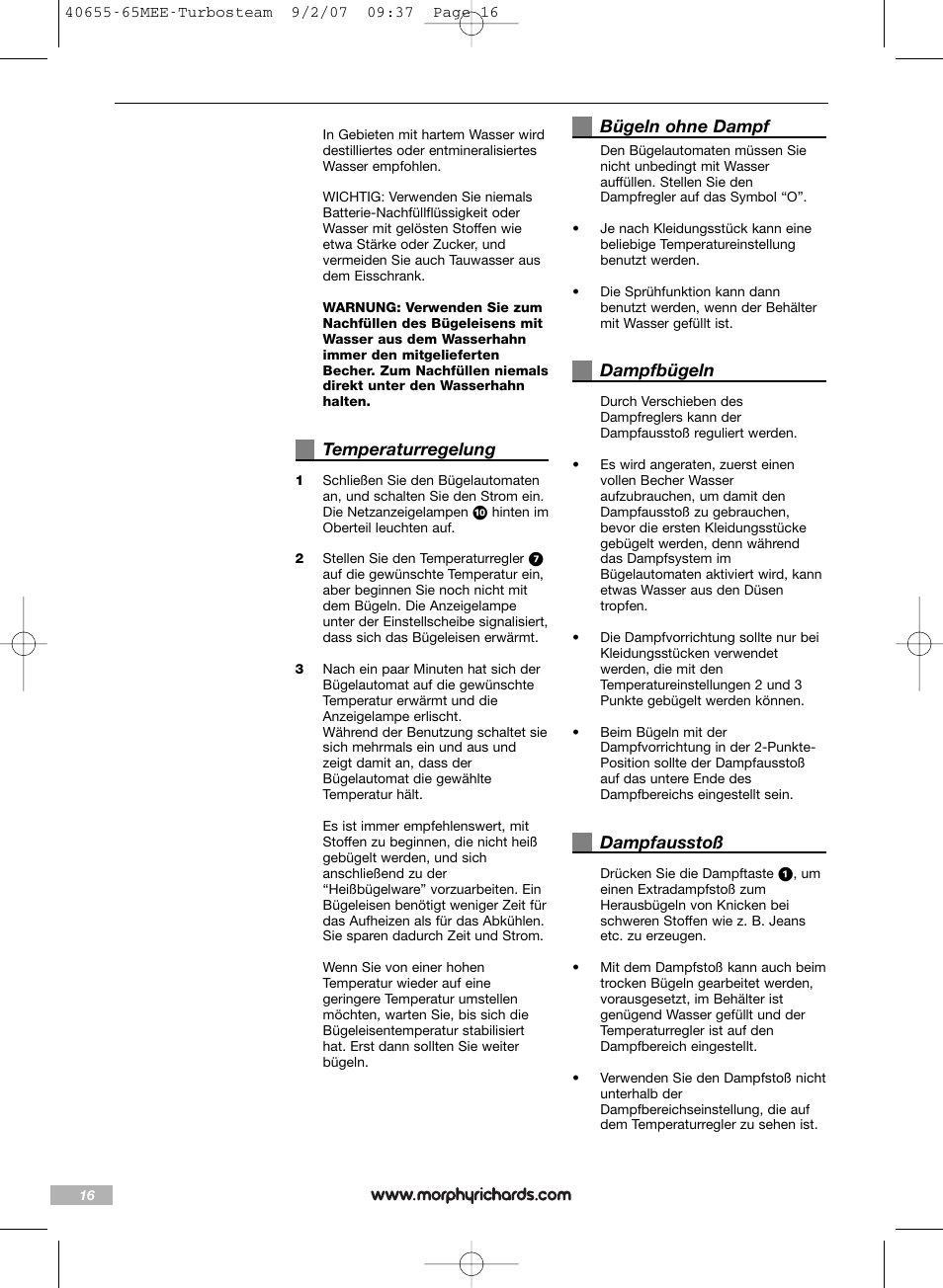 Temperaturregelung, Bügeln ohne dampf, Dampfbügeln | Dampfausstoß | Morphy Richards Turbo steam iron steam User Manual | Page 16 / 72